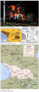 グルジアで炎上する石油輸送列車と鉄道＆道路地図