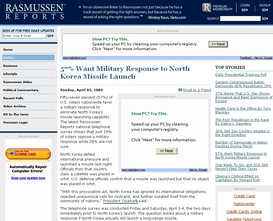 Rasmussen Reports：57% Want Military Response to North Korea Missile Launch