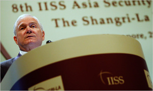 U.S. Secretary of Defense Robert Gates delivers his speech during a plenary session of the International Institute for Strategic Studies (IISS) Shangri-La Dialogue security conference in Singapore on Friday. 
