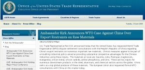 Ambassador Kirk Announces WTO Case Against China Over Export Restraints on Raw Materials